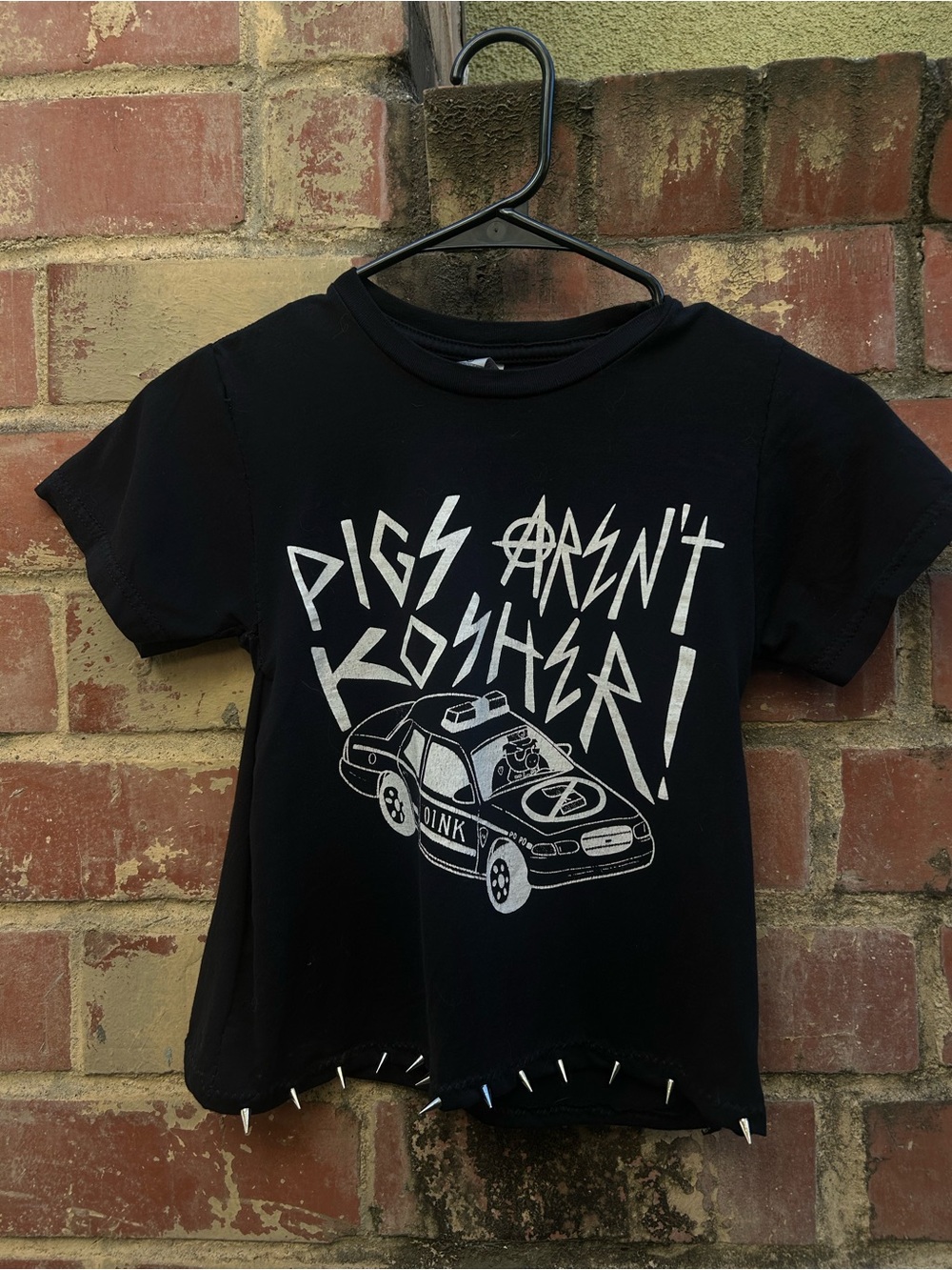 Black Graphic Tee with Punk Police Car Print